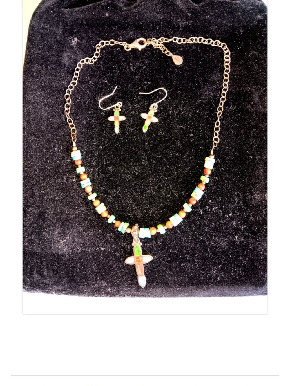 Beaded Cross Necklace and Earrings Set in 3 Multicolor Stones from Barse